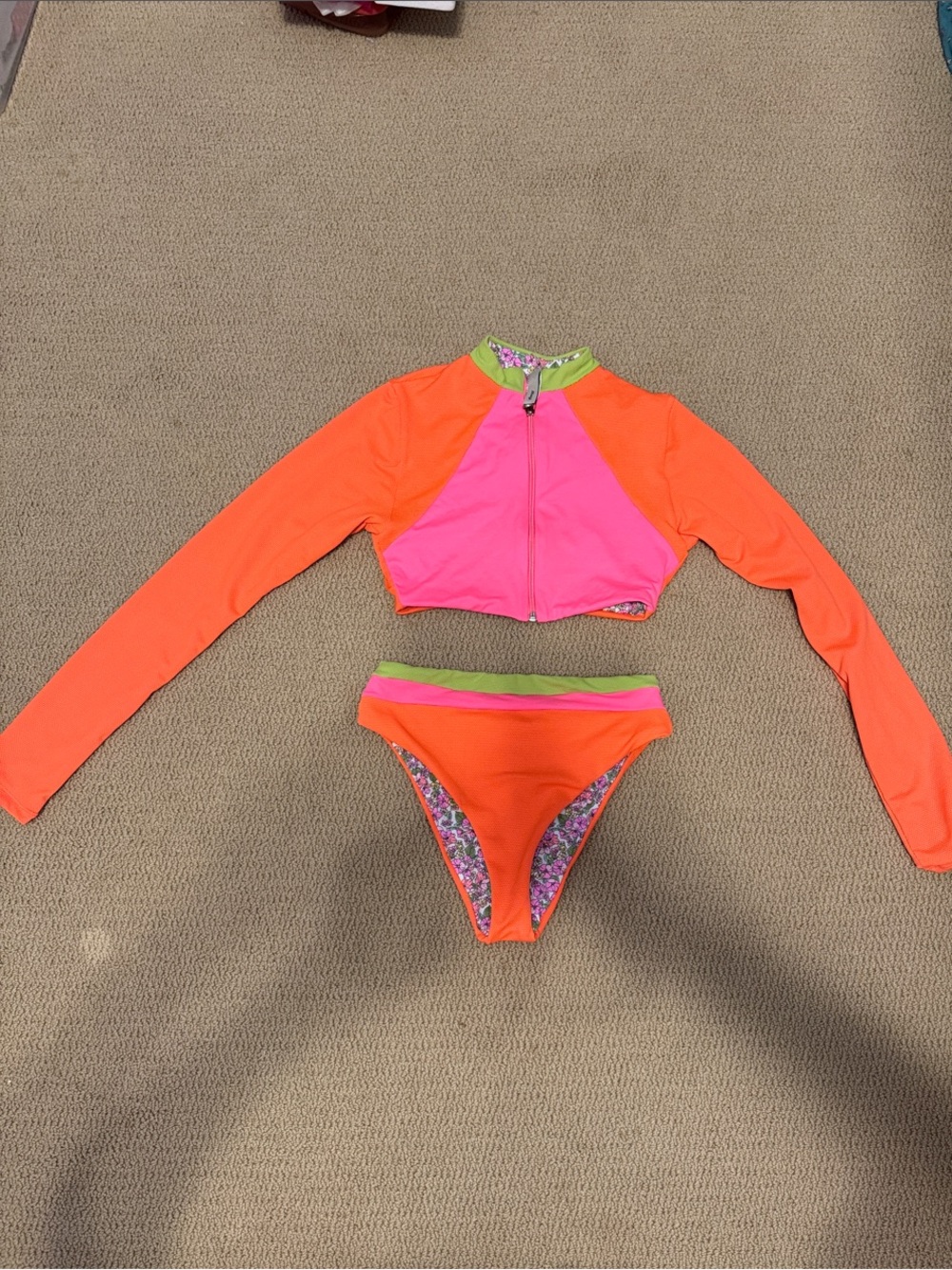 Maaji Neon Orange and Hot Pink Long Sleeve Bikini Set